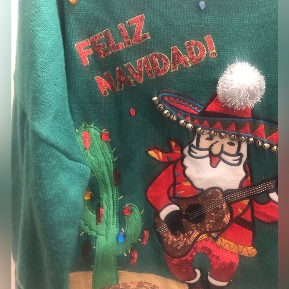 Holiday Time Sweaters Holiday Time Womens Green Christmas Theme Sweater Feliz Navidad Extra